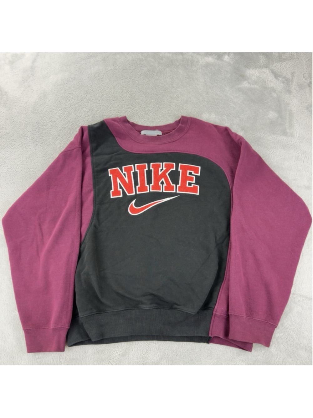 Vintage Nike Men's Size Large Reworked Maroon/Blk Retro Fleece Crewneck Sweater